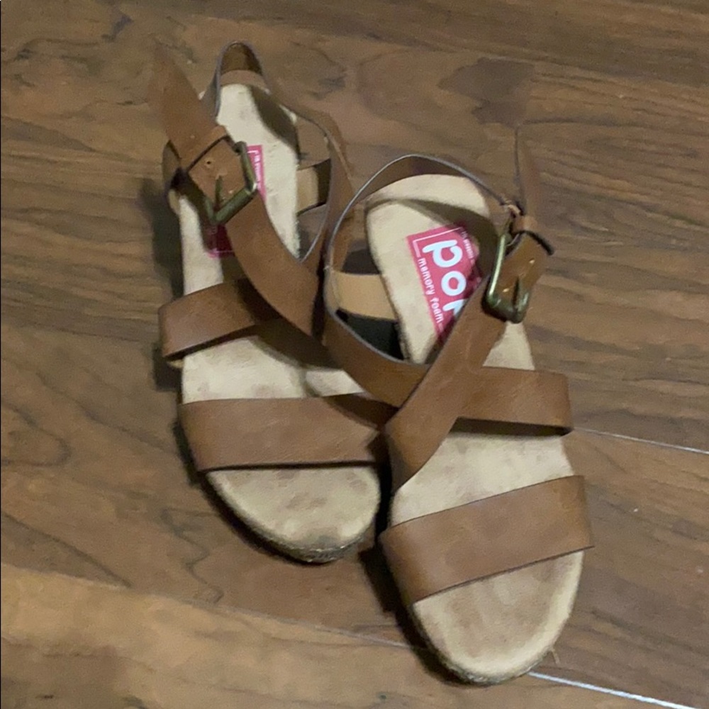 Never worn  leather like strappy wedges